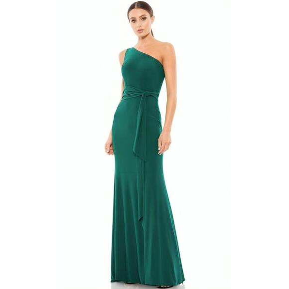 MacDuggal Ieena One Shoulder Jersey Gown in Green Size 8 Maxi Sheath Belted - Picture 1 of 9